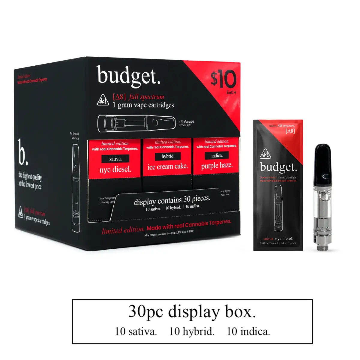 30pc Variety Pack of 1 Gram Delta-8 THC Full Spectrum Vape Cartridges - Budget Brand
