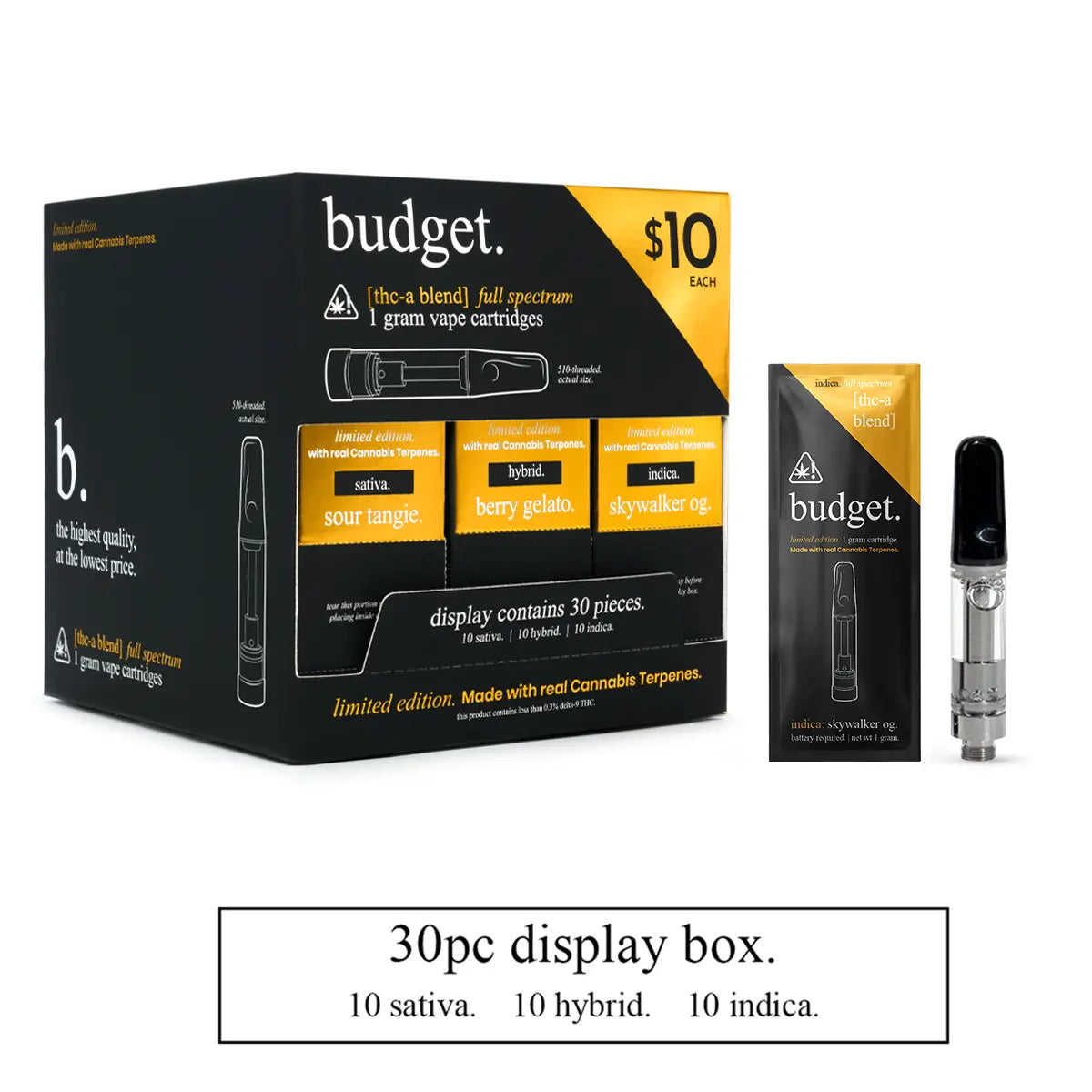30pc Variety Pack of 1 Gram THC-A Full Spectrum Vape Cartridges - Budget Brand