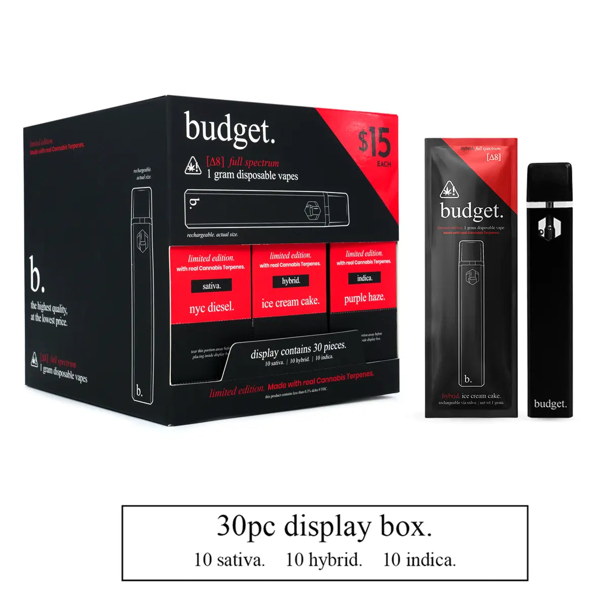 30pc Variety Pack of 1 Gram Delta-8 THC Full Spectrum Vape Pens - Budget Brand