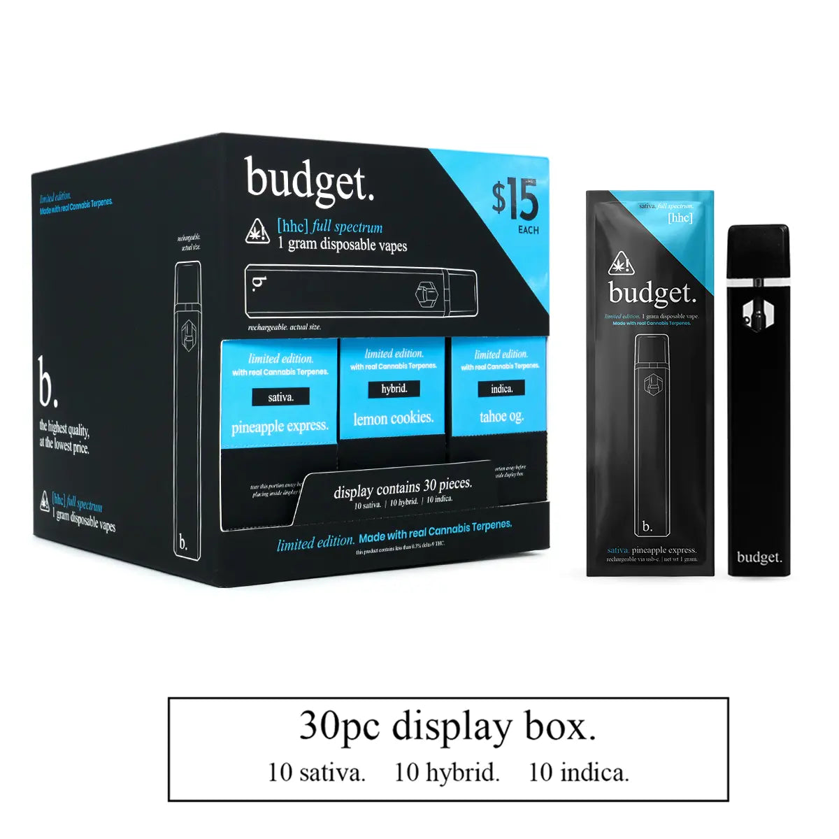 30pc Variety Pack of 1 Gram HHC Full Spectrum Vape Pens - Budget Brand